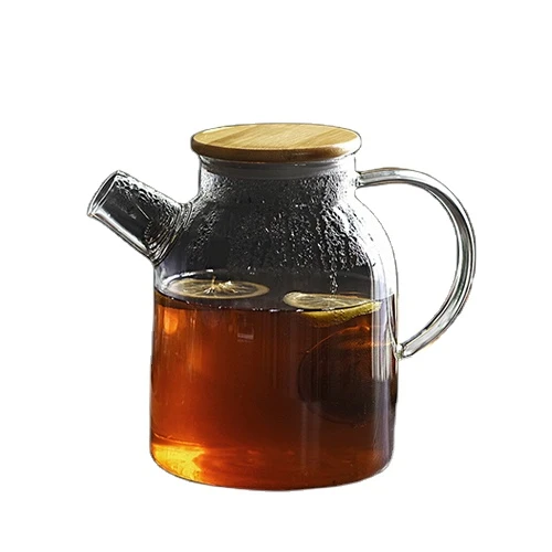 

1800ML Handmade Clear Borosilicate Glass Tea Pot Bamboo Lid With Ceramics Warmer