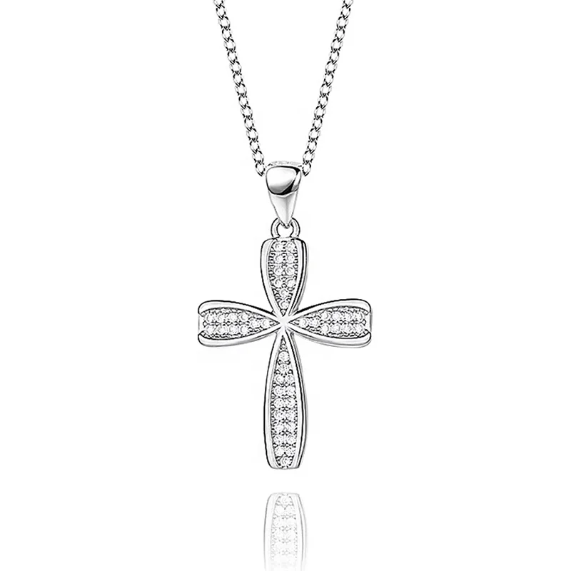 

Four Leaf Clover Cross Necklace 925 Sterling Silver 3A Cubic Zirconia Christian Jewelry Silver Crystal Cross Necklace