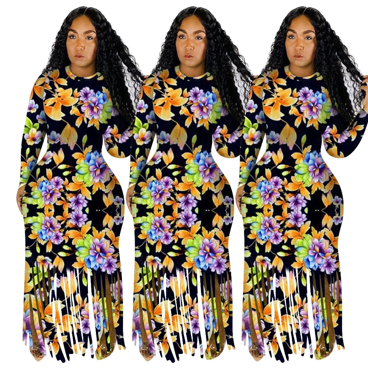

B63189A Hot style American women's long sleeve fringed print dress