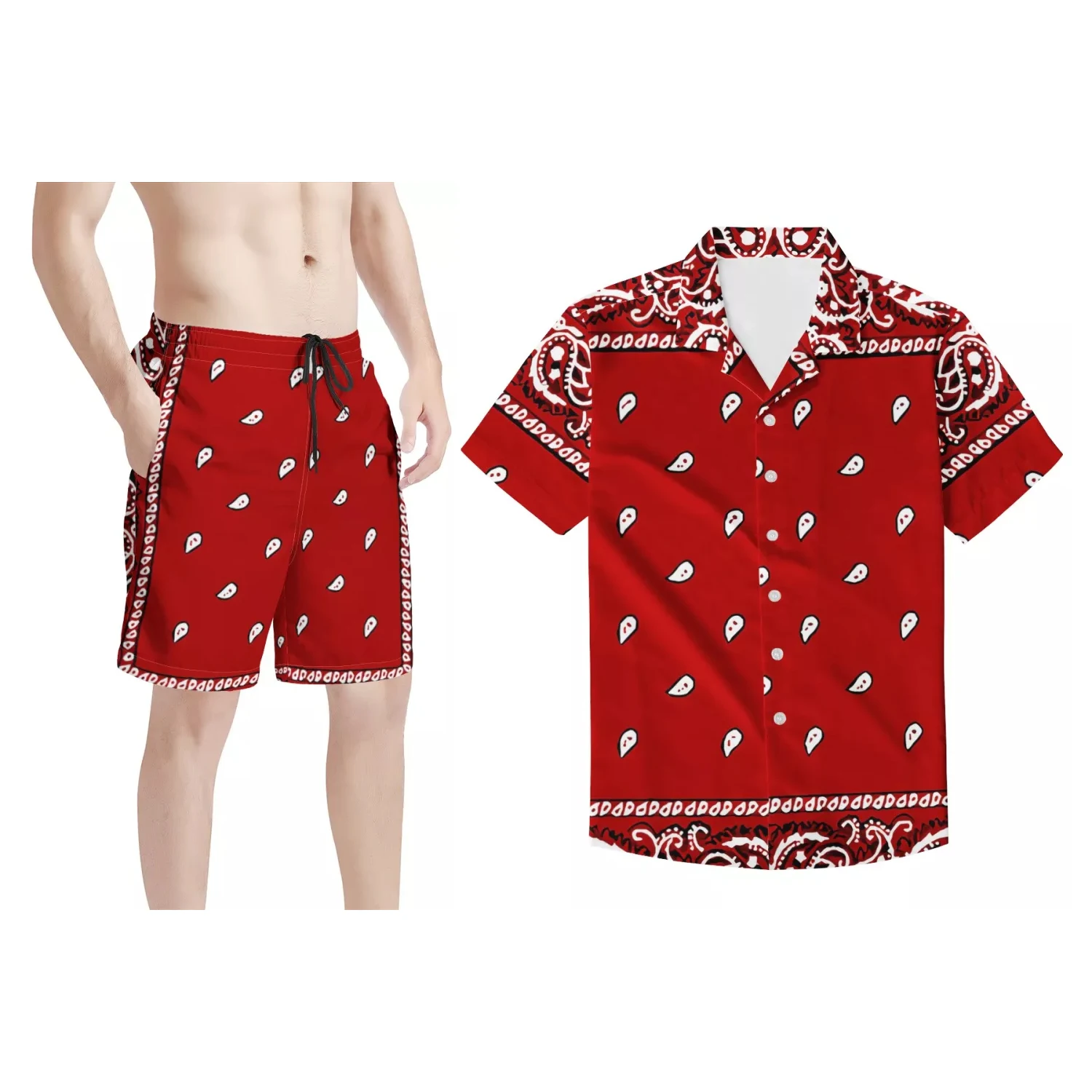 

Brand New High Quality Man Beach Short & Shirts Set Paisley Bandana Printed Clothing Custom Casual Men Beachwear For Beach Swim