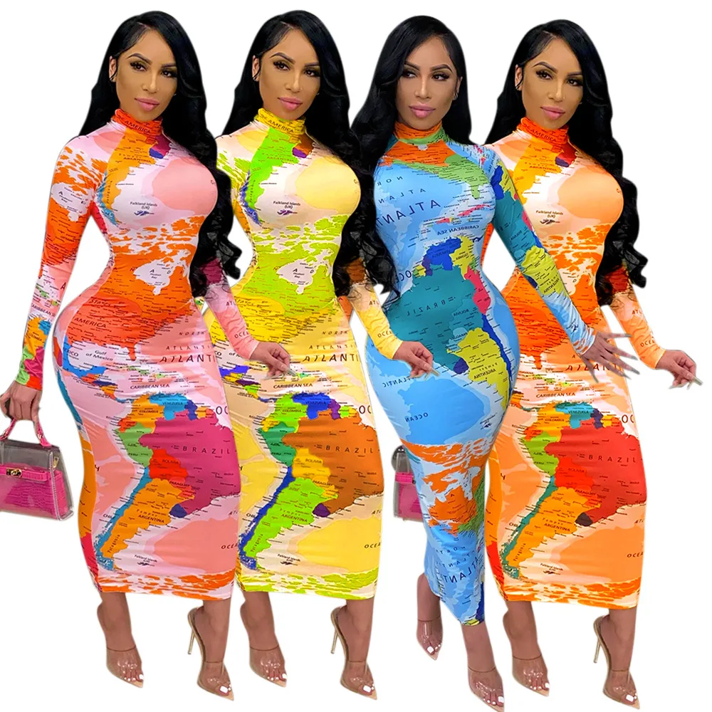 

Fashion fall spring long sleeve world map digital printing Casual Slim bodycon Dresses for women