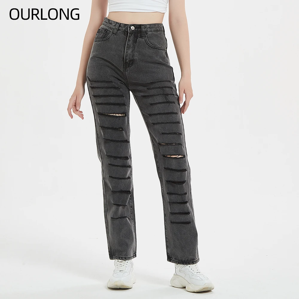 

OURLONG black denim women's straight distressed ripped jeans trousers casual pants