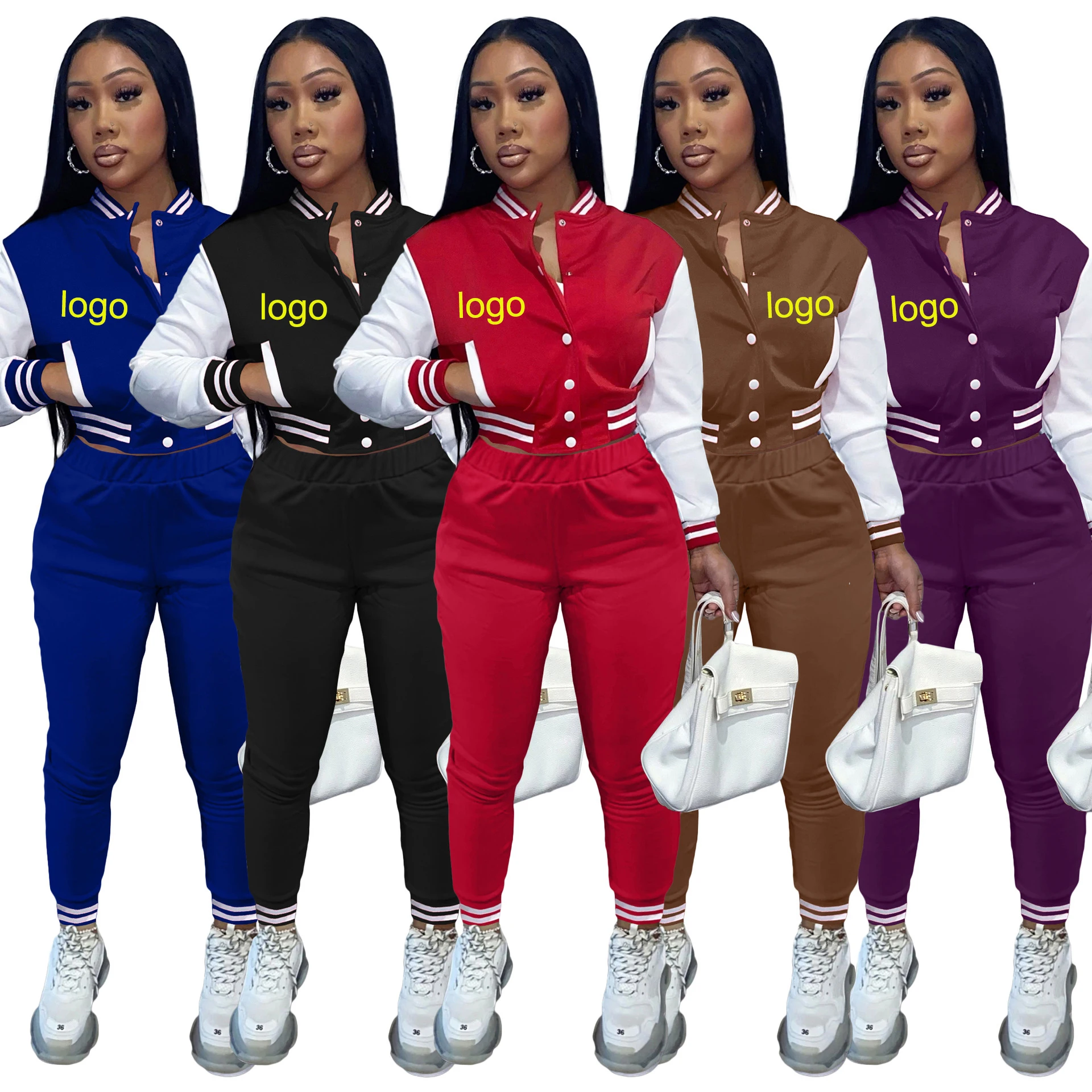 

Custom logo 2021 fall clothing Long Sleeve two piece set women sweatsuit set tracksuit 2 Piece Outfits Set baseball jacket women