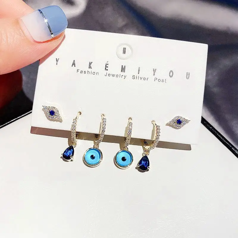 

Turkish Blue Evil Eyes Drop Earrings 18K Gold Plated Crystal Cubic Zircon Evil Eyes Huggie Earrings Set, Picture shows/custom color