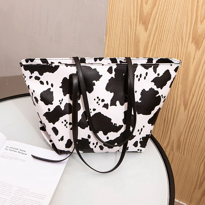 

factory custom cow printing large shoulder bag purses design women tote pu bag ladies