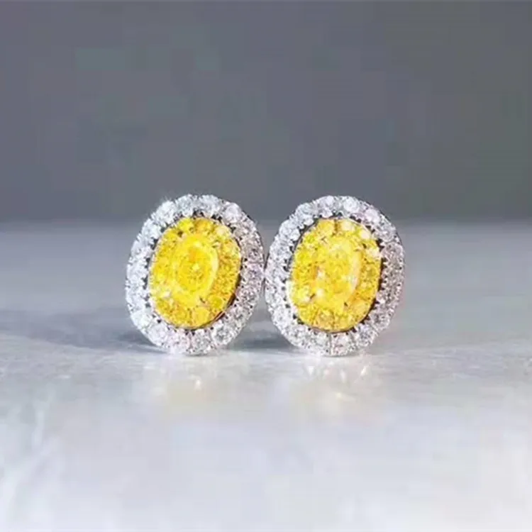 

simple oval shape gemstone jewelry 18k gold 0.341ct natural yellow diamond stud earring for women