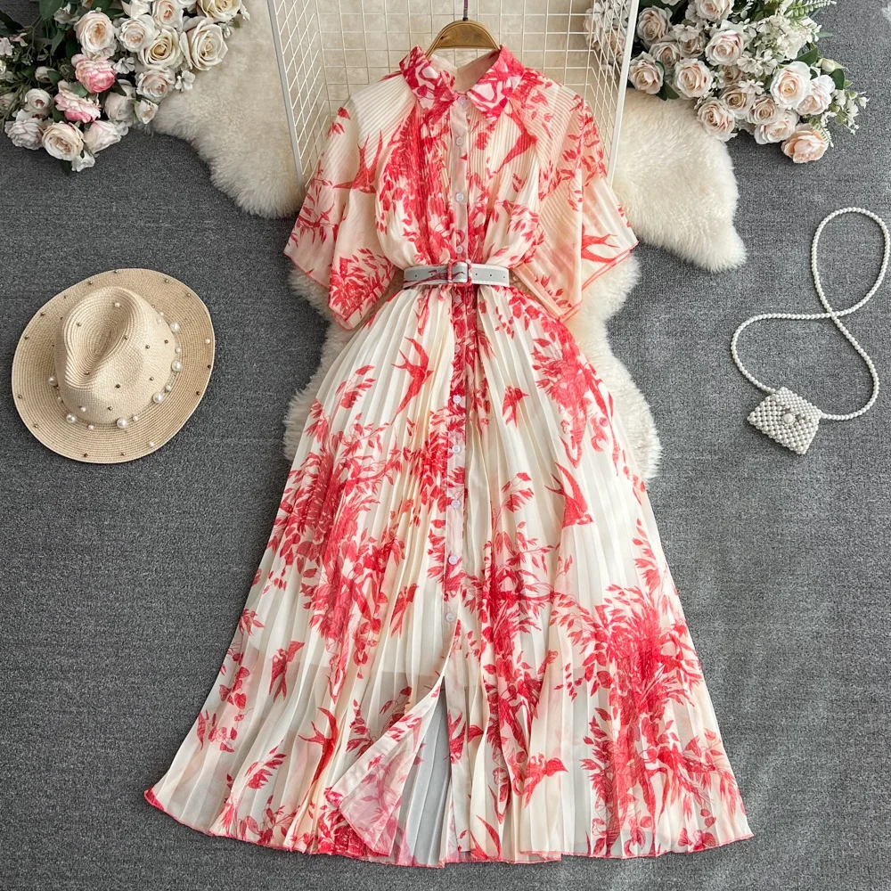 

Retro Short-Sleeved Lapel Waisted Single-Breasted A-Line Printed Pleated Shirt Dress Summer Women