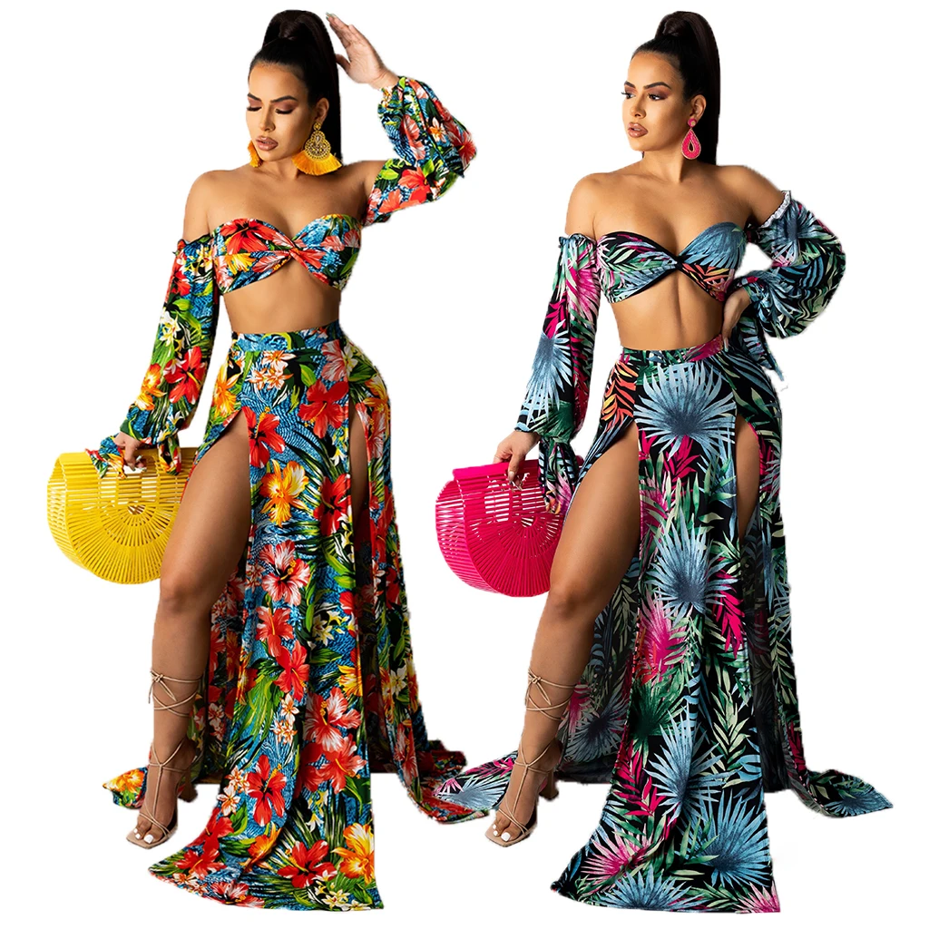 

elegant two piece split long skirt sexy floral skirt set women clothing 2021
