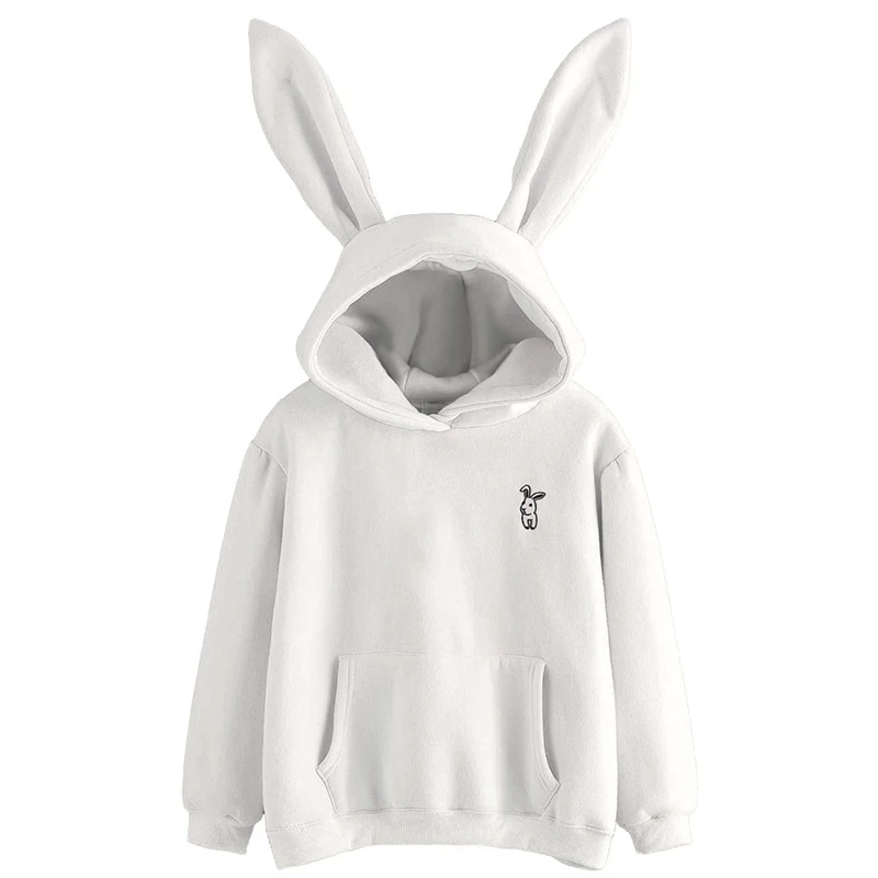 

QRWR 2020 Autumn Winter Women Hoodies Kawaii Rabbit Ears Fashion Hoody Casual Solid Color Warm Sweatshirt Hoodies For Women