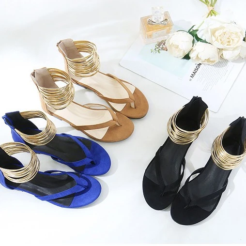 

Fashion women Roman sandals flat flip flops fashion ladies sandals golden ankle zipper closer flat sandals
