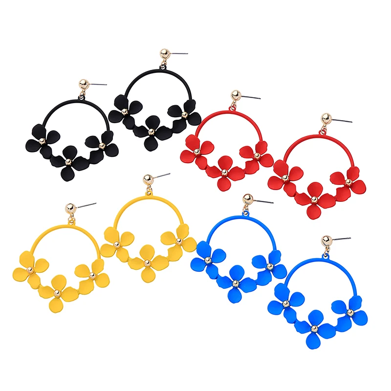 

ed01819c Three Red Blue Yellow Black Blossom Flowers Gold Plated Brass Ball Jewelry Charm Hoop Earrings Women