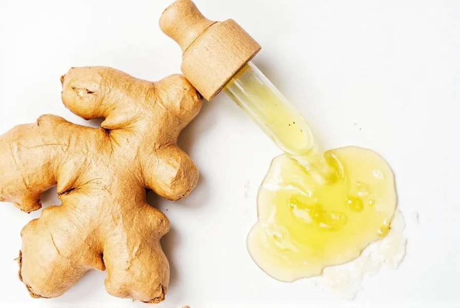 Close-up of ginger root being processed into liquid ginger drops showing extraction equipment