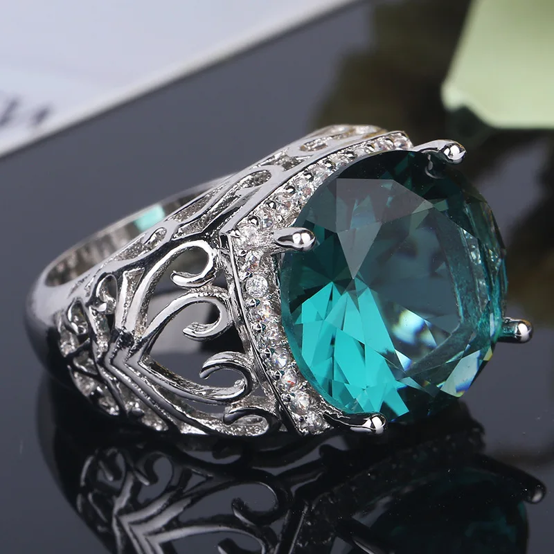 

Manufacturer direct sale KYRA0121 Turquoise Big Ring Platinum Plated Green Zircon rings for Women, Silver