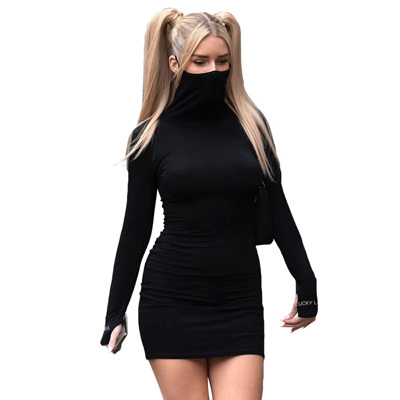 

New Look Women'S High Turtle neck Long Sleeves Solid Color Package Hip Slim Fashion Dresses Women Black Dress 2021 Shein Dress