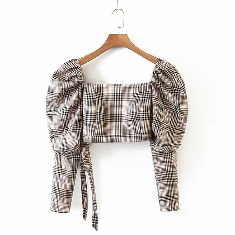 

Plaid Puff Sleeve Blouse Ladies Square Neck Blouses 2020 For Women -ZL, Gray