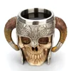 Horned Warrior 3D Skull Mug Resin Double Wall Stainless Steel Mug Beer Coffee Drinking Cup Halloween Gift