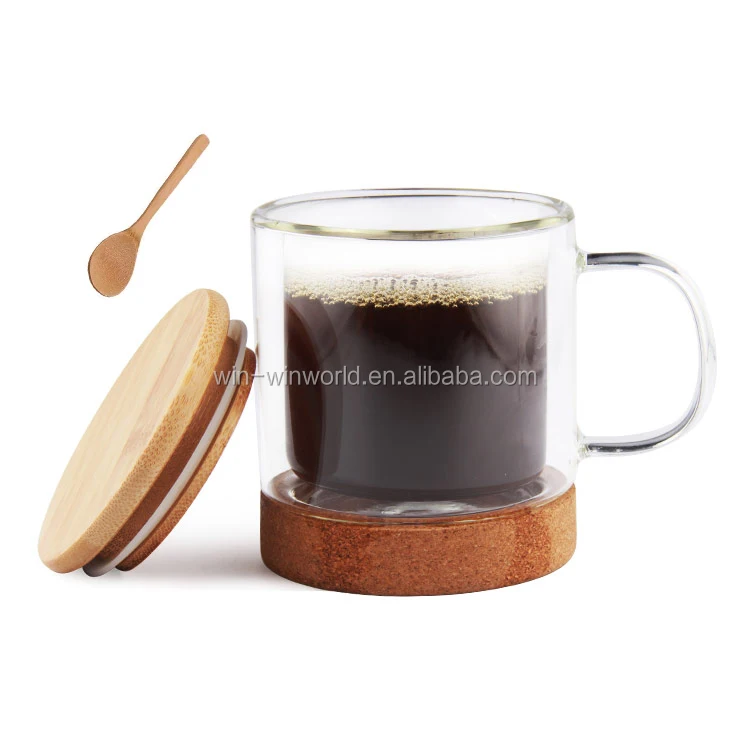 New Arrival Double Wall Glass Mug With Wood Lid,Bamboo Fiber Glass