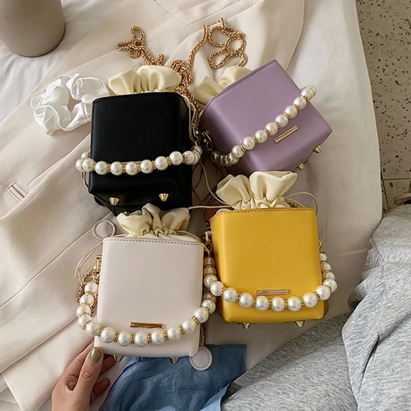 

2021 Solid Color Fashion Wild Shoulder Bags Lady Pu Leather Handbags Pearls Chain Luxury Design Small Crossbody Bags For Women, 4colors