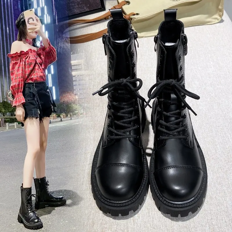 

Factory Custom Logo Women Microfiber Leather Black Platform Boots Autumn Winter Boots For Women