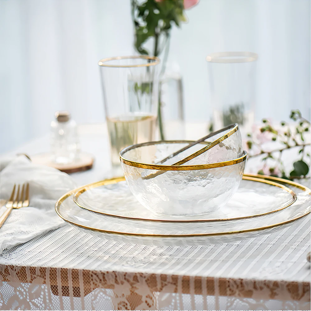 

Large Inventory Restaurant Hotels Gold Rim Dinner Plate Wedding Glass Plates Sets Dinnerware Set