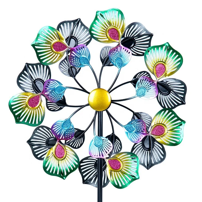 

Hourpark Amazon hot-selling metal crafts led wind spinner garden stake double-layer colorful iron windmill