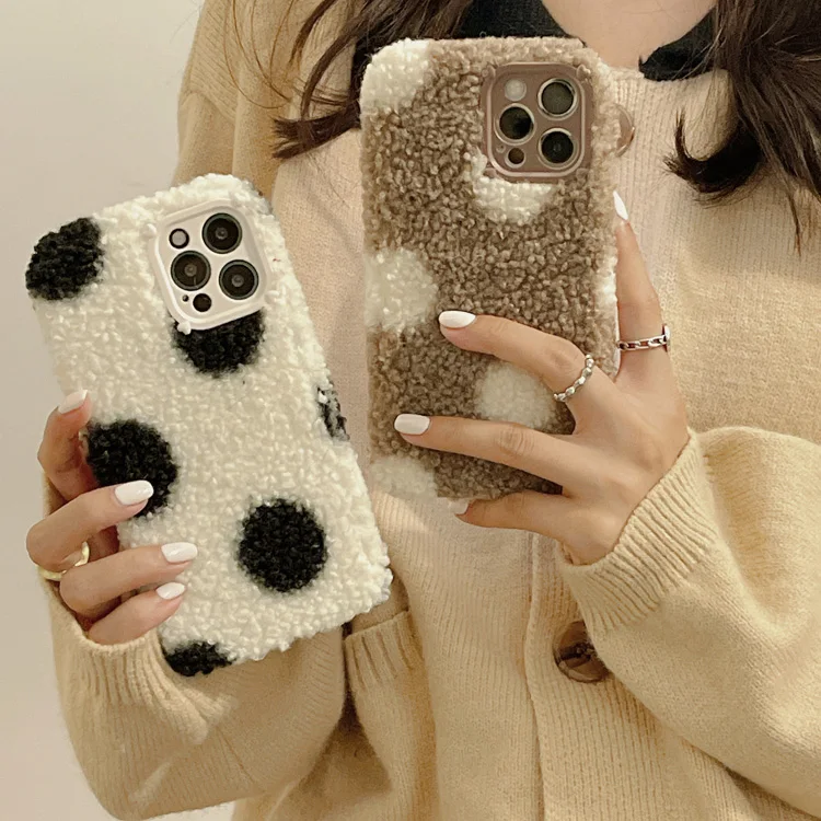 

2022 New Warm Winter Lamb Fluff Spotted Girls TPU Bumper Protection Cover phone Case For iPhone 13 Pro 12 11 XR XS Max