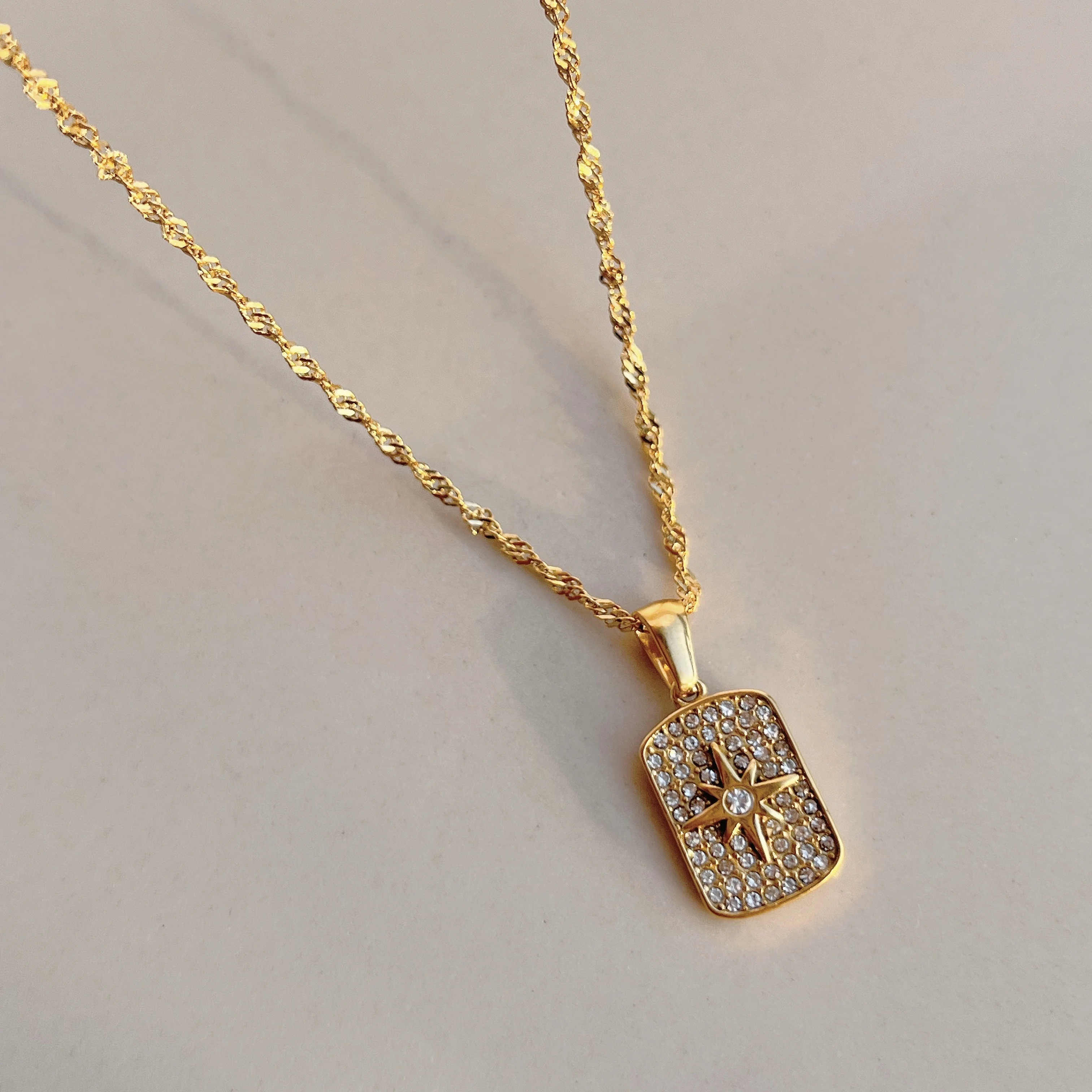 2022 Dazan New Ins Wholesale 18k Gold Plated 316l Stainless Steel Square Zircon Octagram Pendant Tarot Water Wave Chain Necklace