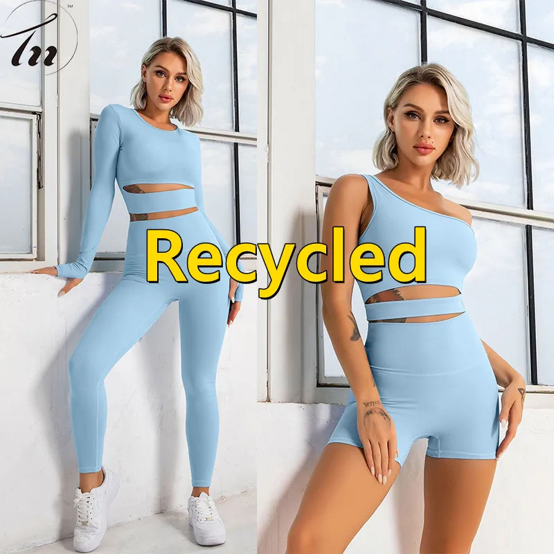 

2022 New Recycled Fabric Baby Blue Ladies Fitness Gym Sports Workout Sets Eco Friendly Womens Yoga Wear, 5 colors