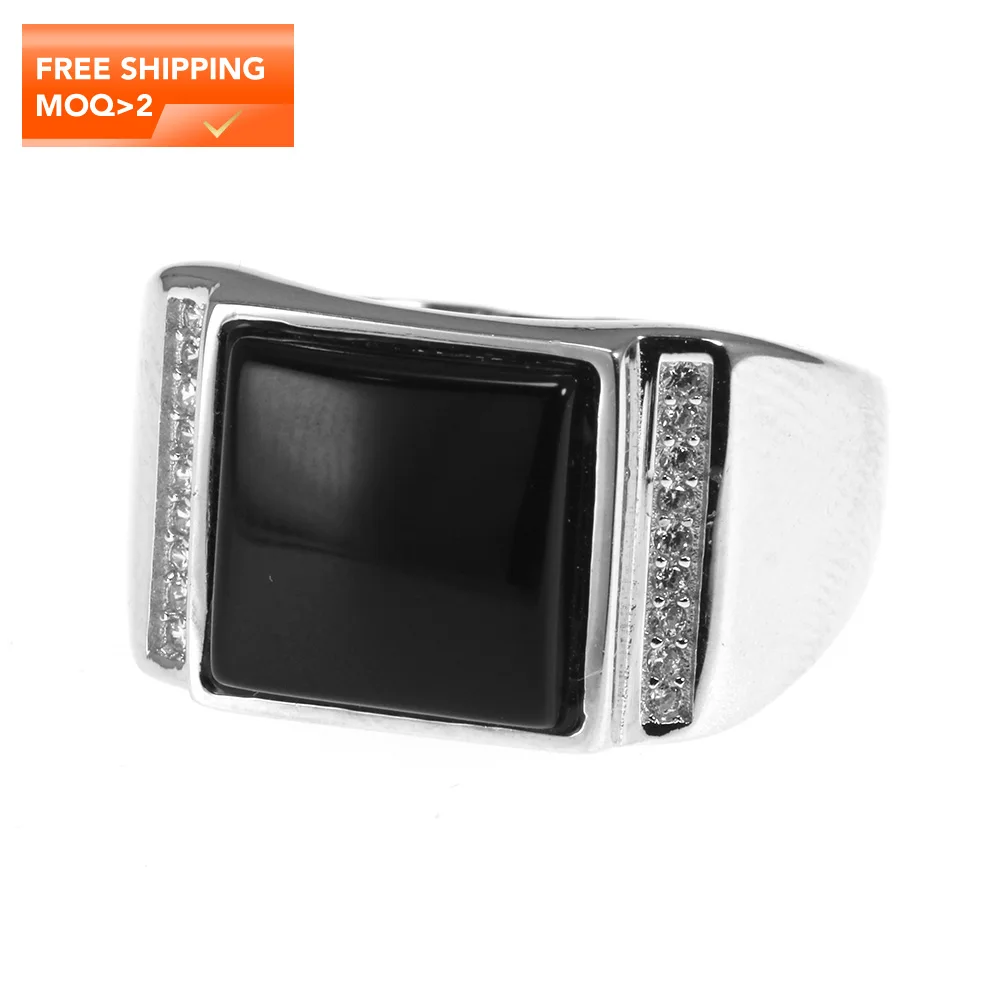 

925 Sterling Silver Ring for Men With Black Square Onyx Natural Stone Mens Wedding Rings Turkish Male Jewelry, Black color