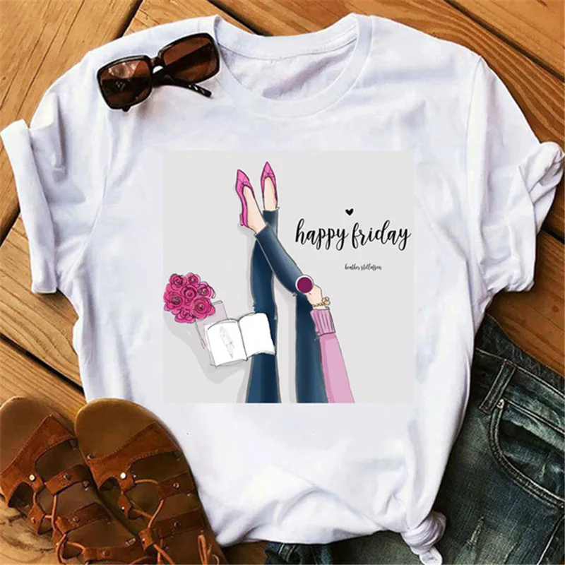 

LXY Fashion High Heels Printed Women T-Shirt Summer O-neck Short Sleeve Personalized Print Casual Top