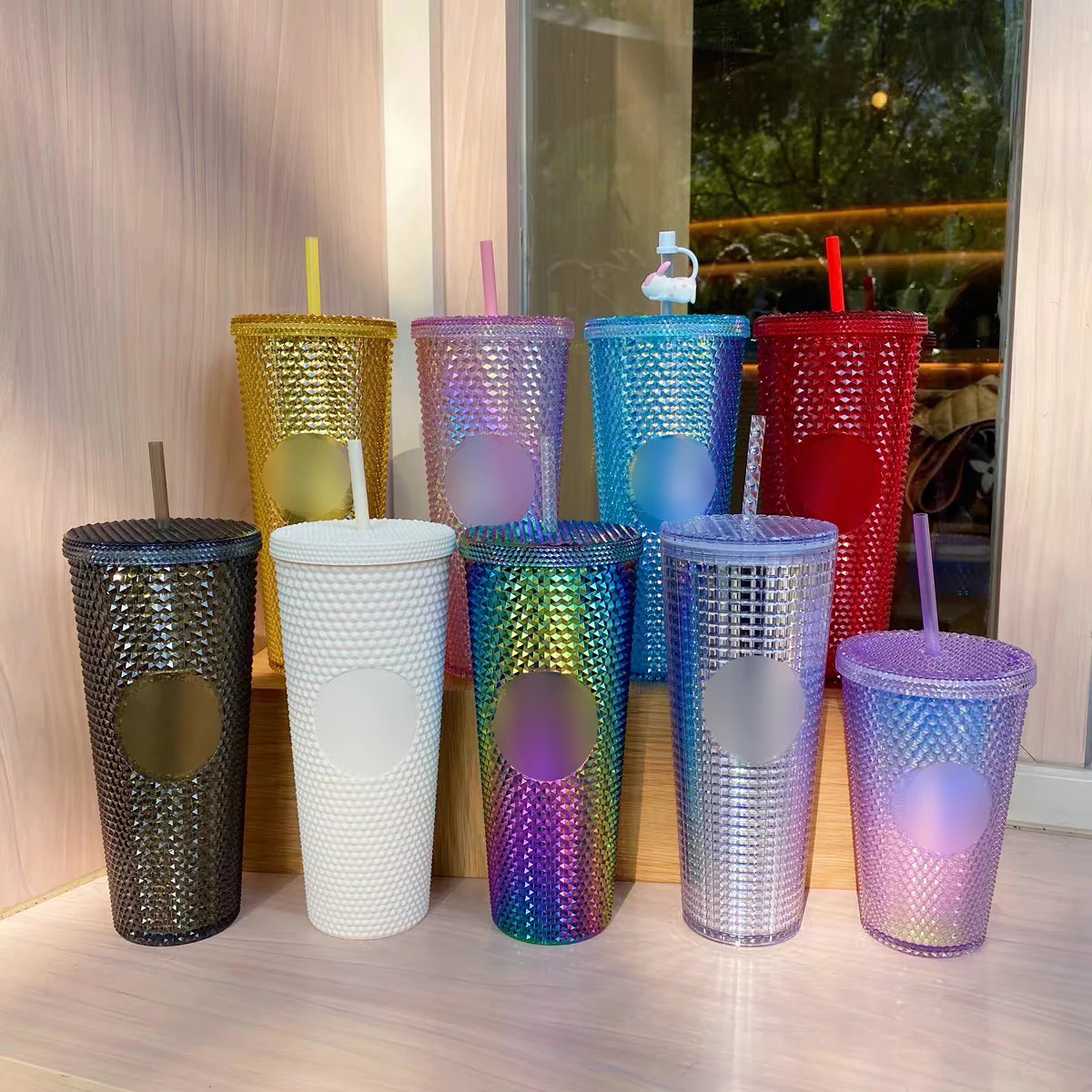 

Ready to ship 22oz plastic tumbler cup grid glitter matte black tumbler with lid and straw, Customized color acceptable