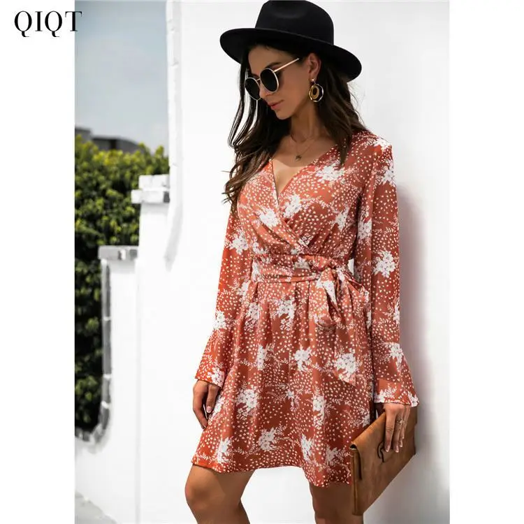 

Fashion Casual Women's Deep V-Neck Long Sleeve lace-up Floral Print Elegant Midi Dress