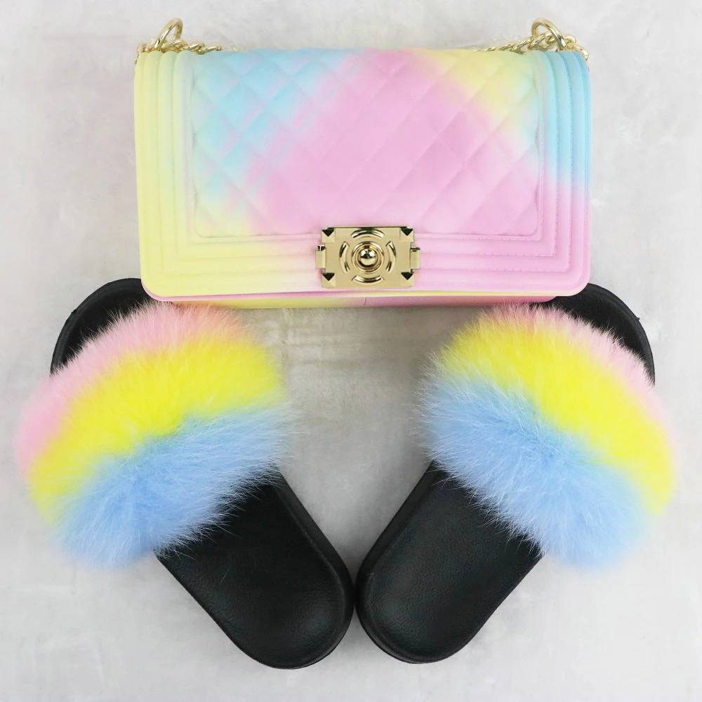 

Wholesale Full Raccoon Faux Fox Fur Slippers Slides With Purse Set for women