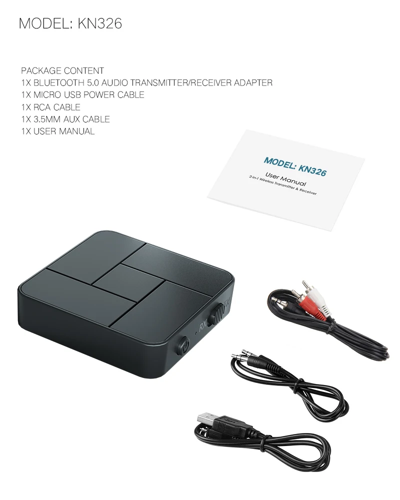 KN326 BT 5.0 Receiver Transmitter 3.5mm AUX Jack RCA USB Dongle Wireless Audio Adapters Handsfree Call Microphone For Car TV - ANKUX.COM