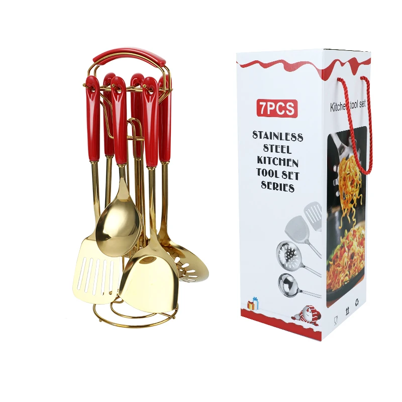 

Fashion Chinese Red Kitchen Accessories 7 Pieces Sets Stainless Steel Cooking Utensil Set
