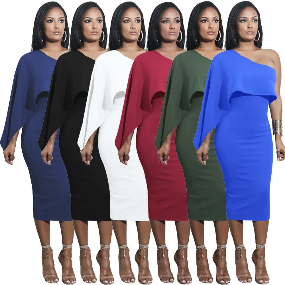 

Fashion one-sided sleeve slim ruffled midi womens dress ladies sexy club dresses