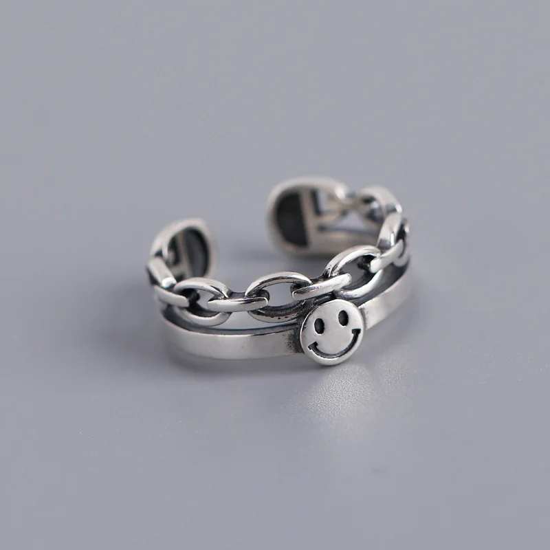 

Vintage Smiling Face Geometry Double-layer Silver Ring Women Korean S925 Sterling Silver Cuff Rings (SK845), As picture