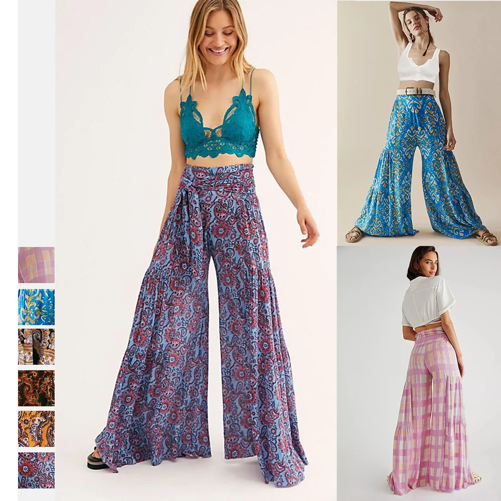 

Y2K Printed retro women's trousers clothing all-match wide-leg pants women high-waist flared pants ladies loose casual pants, Other