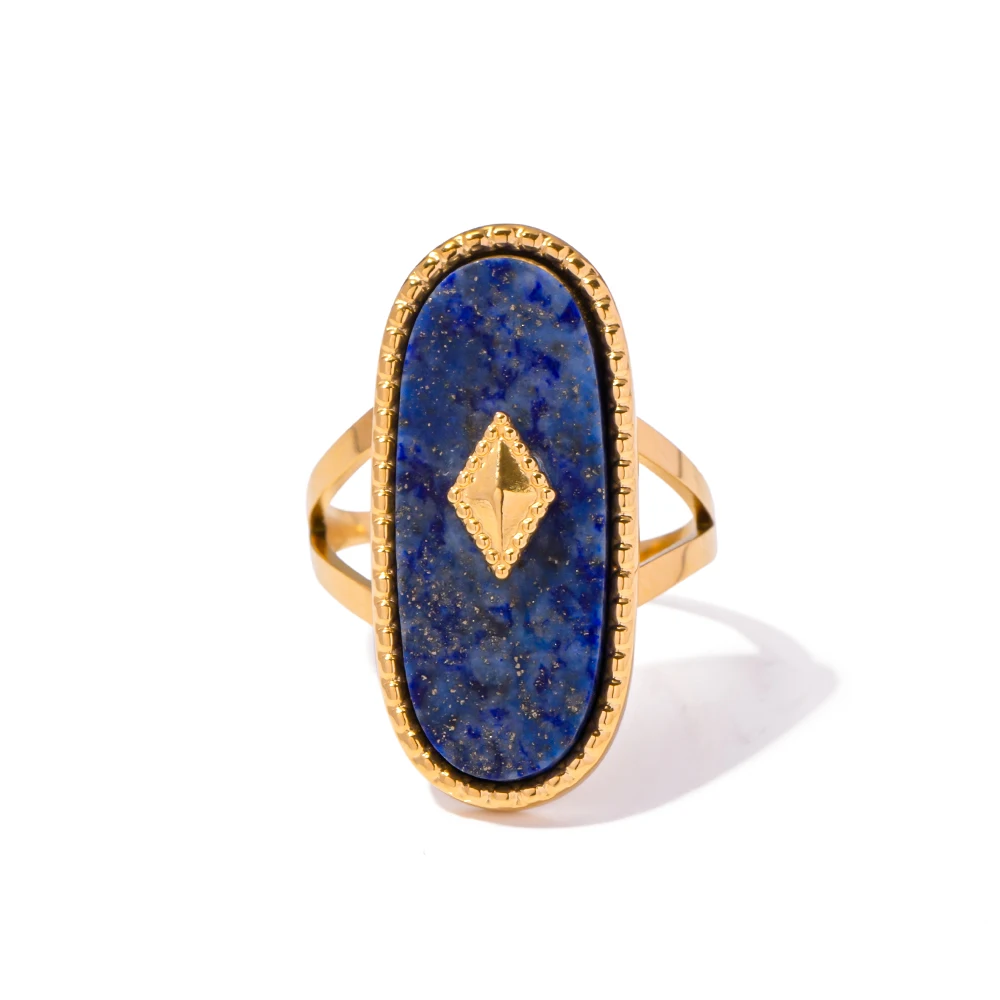 

New Arrival Stone Ring Jewelry 18K Gold Plated Stainless Steel Oval Natural Lapis Stone Stacking Ring