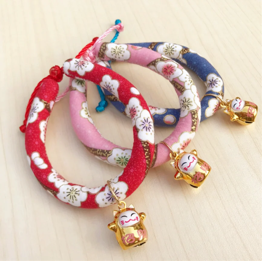 

Japanese Cat Bells Collar Adjustable Pet Supply Polyester Fabric Pet Bell Collars, Gold, blue , black , coloful