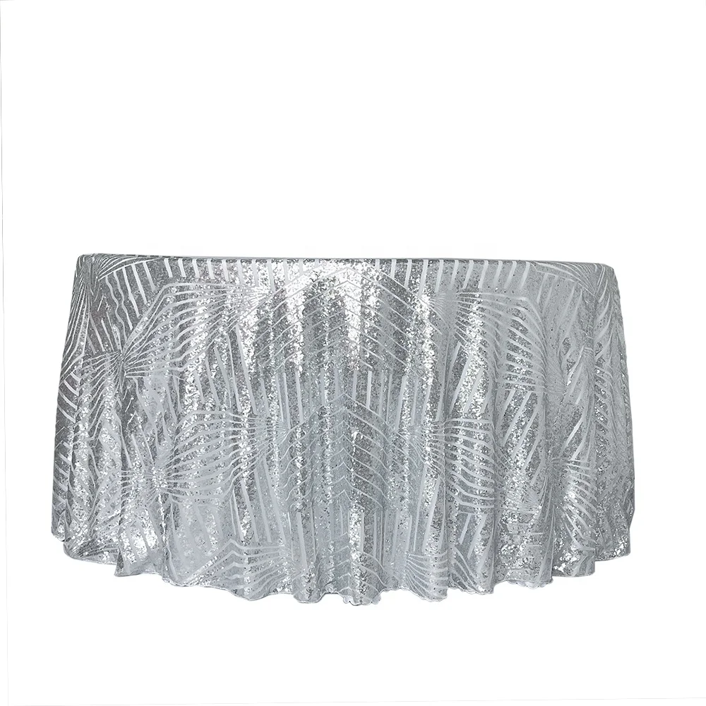 Wedding Lace Sequin Embroidered Silver Table Overlay for Banquet Hall