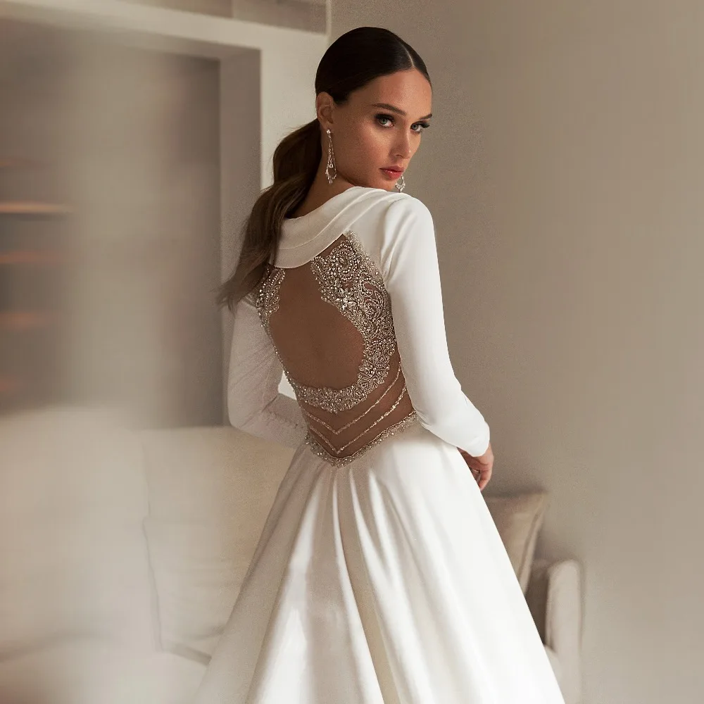 

Elegant Lady Puffy Pleating White Deep V-Neck Satin Long Sleeve A Line Wedding Dress