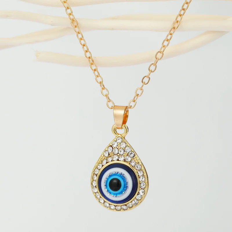 

European 14K Gold Plating Waterdrop Evil Eyes Necklace White Blue Enamel Turkish Eye Pendant Necklace