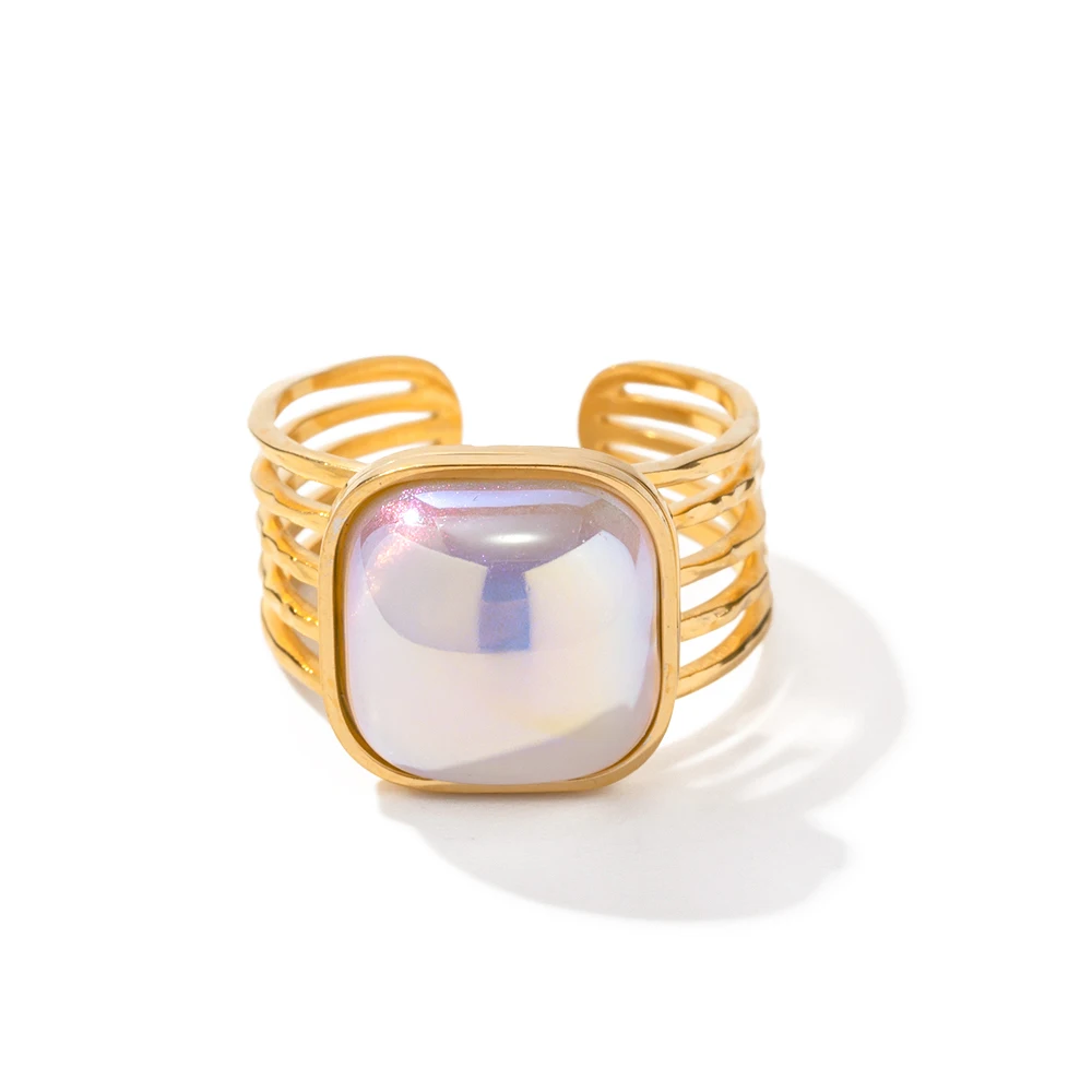 

Charm Stainless Steel 18K Gold Plated Opening Ring Gift Square Imitation Pearl Mulit Layer Colorful Rings