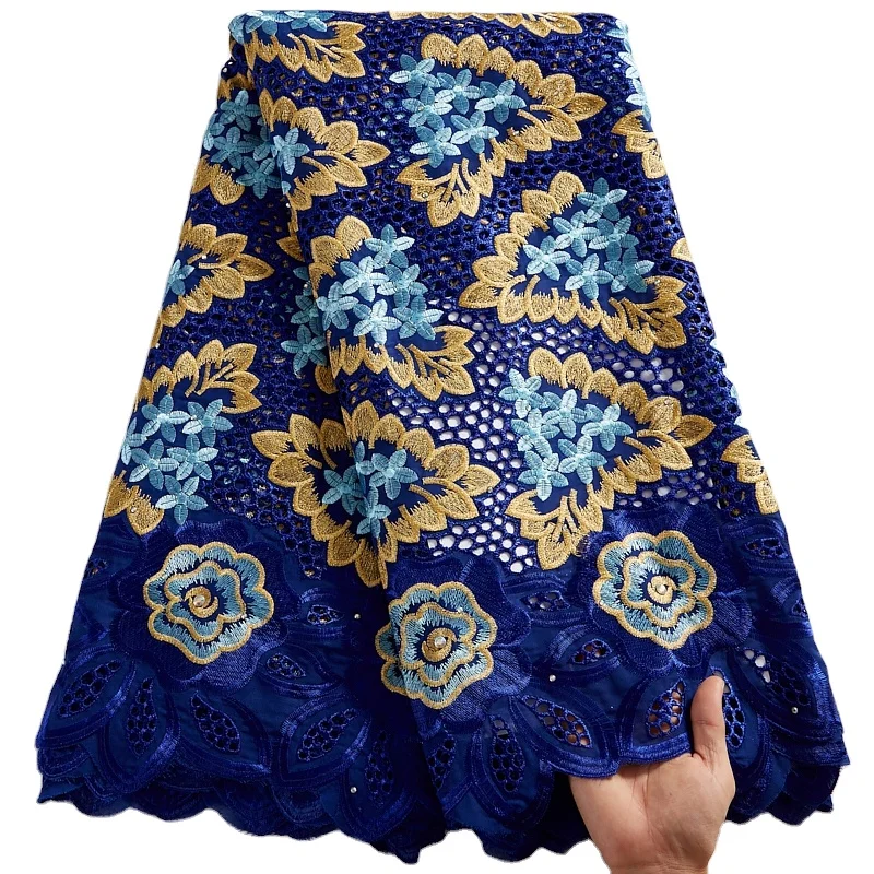 

High Quality Dubai Cotton Lace Fabric African 2021 Swiss Lace Cotton Voile Embroidery Royal Blue Fabric Bridal Dress Sew 2526, As shown in the photos