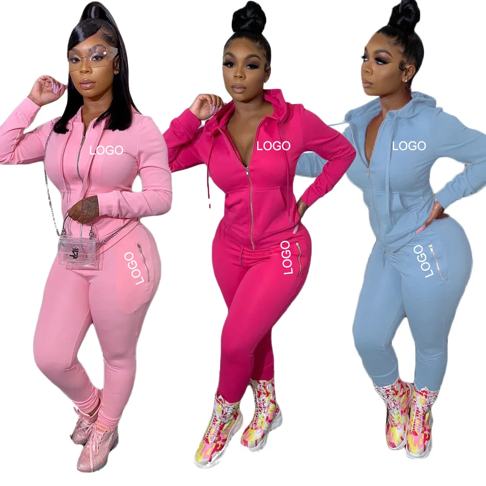 

custom slim women sweatsuit set tracksuit two piece zip up fall jogging hoodie set solid joggers pants two piece pants set