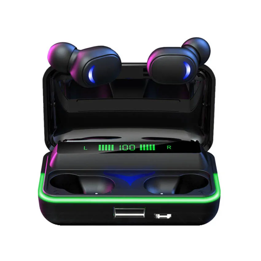 

True Wireless Stereo Earbuds Blutooth Headphones TWS Gaming Headset In Ear Earphones w 1200mAh Power Bank Charging Case