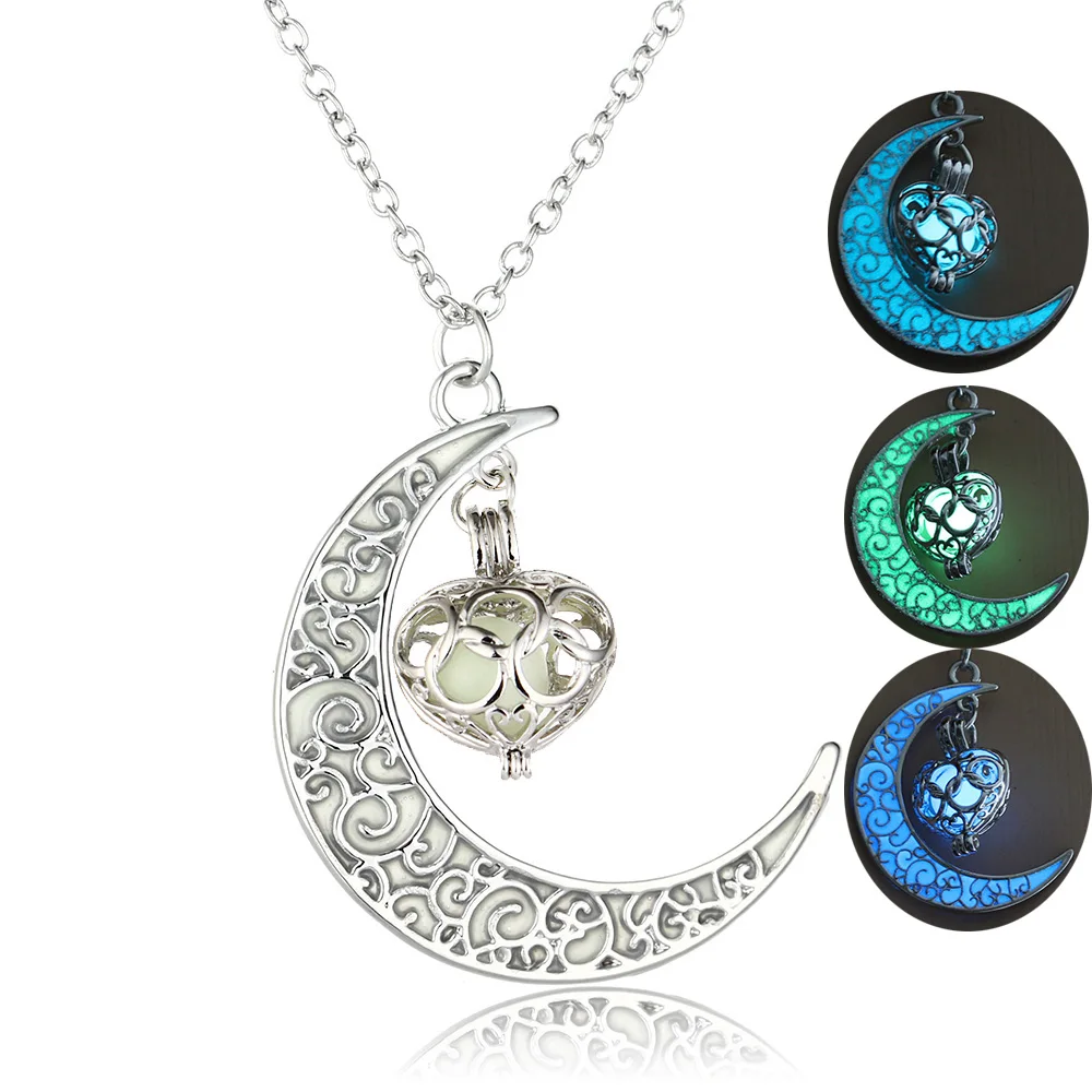 

3 Luminous Colors Moon Love Heart Pendant Necklace Classic Fashion Halloween Jewelry Women