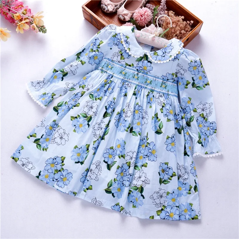 

girl flower dresses smocked handmade long sleeve floral cotton embroidery fall baby frock wholesale lots 548