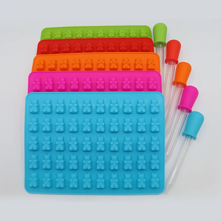 

BPA Free 50 holes Mini Silicone Gummy Bear Mold With Dropper, Blue,skype blue,pink,red ,green and yellow